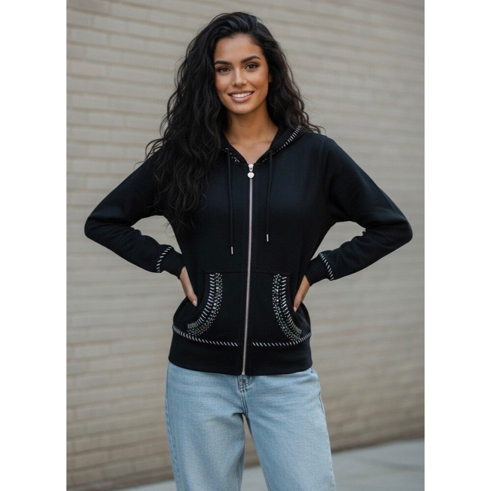 Vtg 90s Black Embroidered Sequin Beaded Zip Up Hoodie | Y2K Skater Grunge Retro - Picture 1 of 16